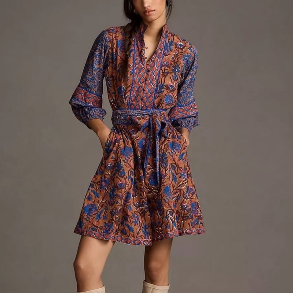 Sue Sartor x Anthropologie Flounce Shorty Dress Floral Boho Preppy Womens L - Picture 2 of 7